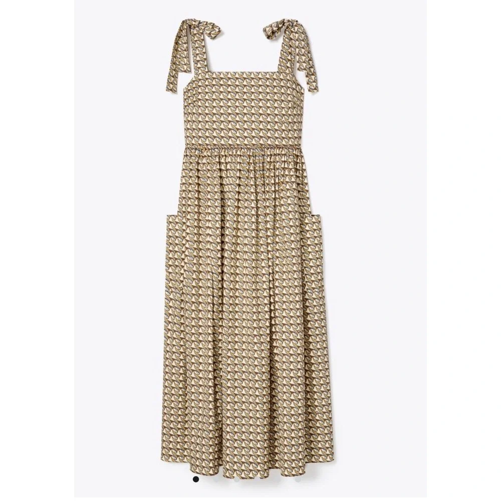 Tory Burch Tie-Shoulder Beach Dress French Cream Ribbon Wave Midi XS